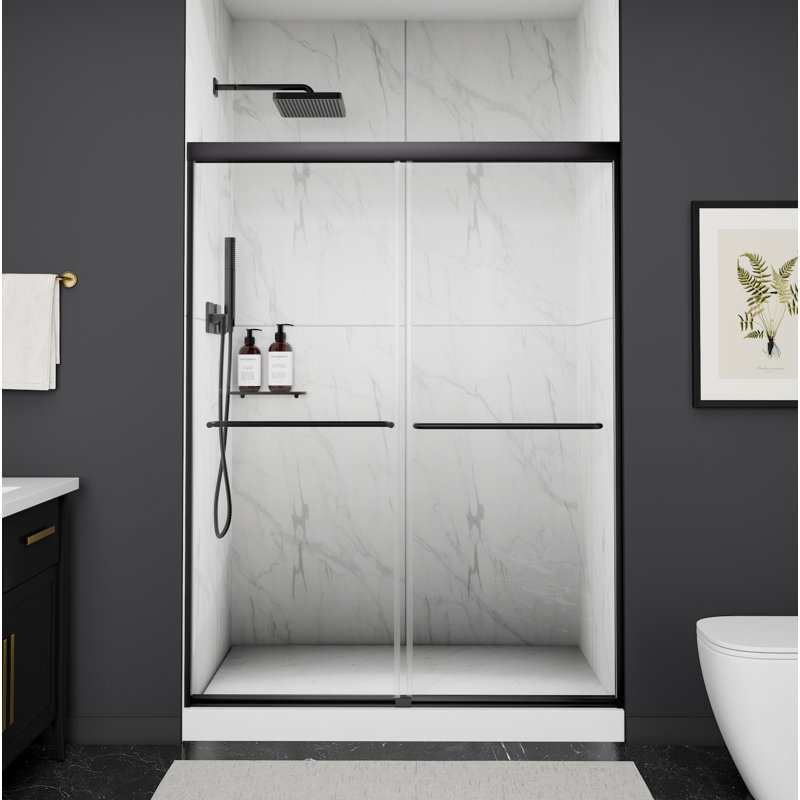 Vital 50-54"W X 70"H  Framed Double Sliding Shower Door with 1/4" (6mm) Clear Tempered Glass, 2 Towel Bars, Matte Black Finish, Reversible Installation