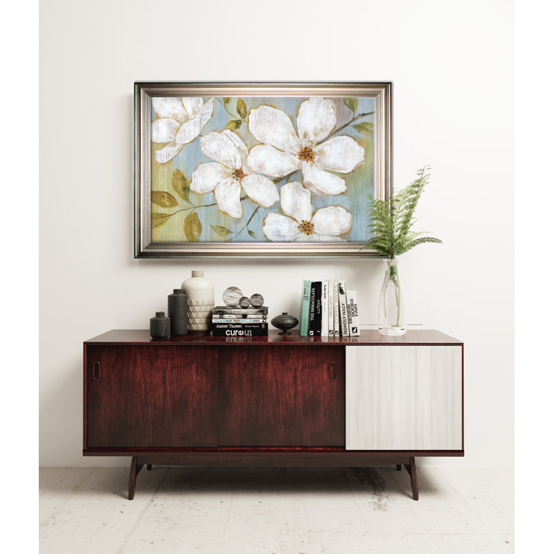 Fleurs blanches - cadre imprimé, Cadre doré, H 27 po x l 39 po x P 2 po, Pas de tapis