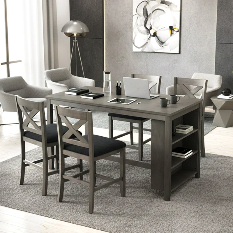 Ensemble de 5 tables de salle à manger à hauteur de comptoir avec 4 chaises rembourrées et tablettes de rangement, Gris