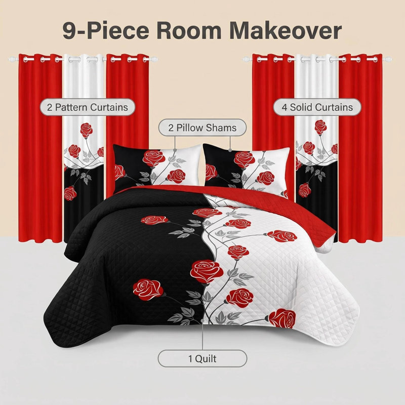 Queen Size 9-Piece Red Rose Two-Tone Bedding & Curtain Set (Queen) - Quilted Microfiber Bedspread + Sheer Drapes