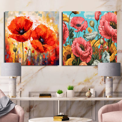 «Vibrant Red and Yellow Poppy Field Dreams» - Ensemble de 2 collages carrés coquelicots