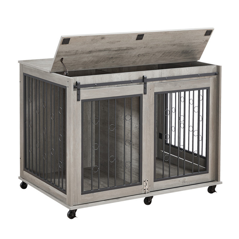 Cage pour chien avec porte coulissante et cloison pour deux chiots, Brun, H 26,6 po x l 39,4 po x P 25,2 po