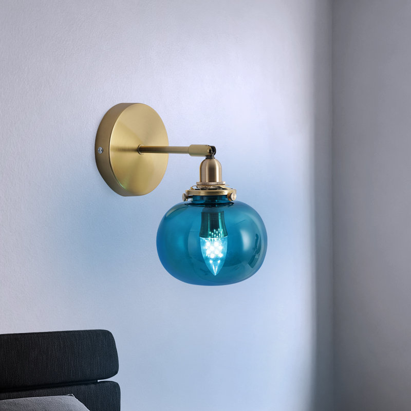 Modern Copper Blue Glass Ball Wall Sconce Mid Century Wall Mounted Light With Bedside