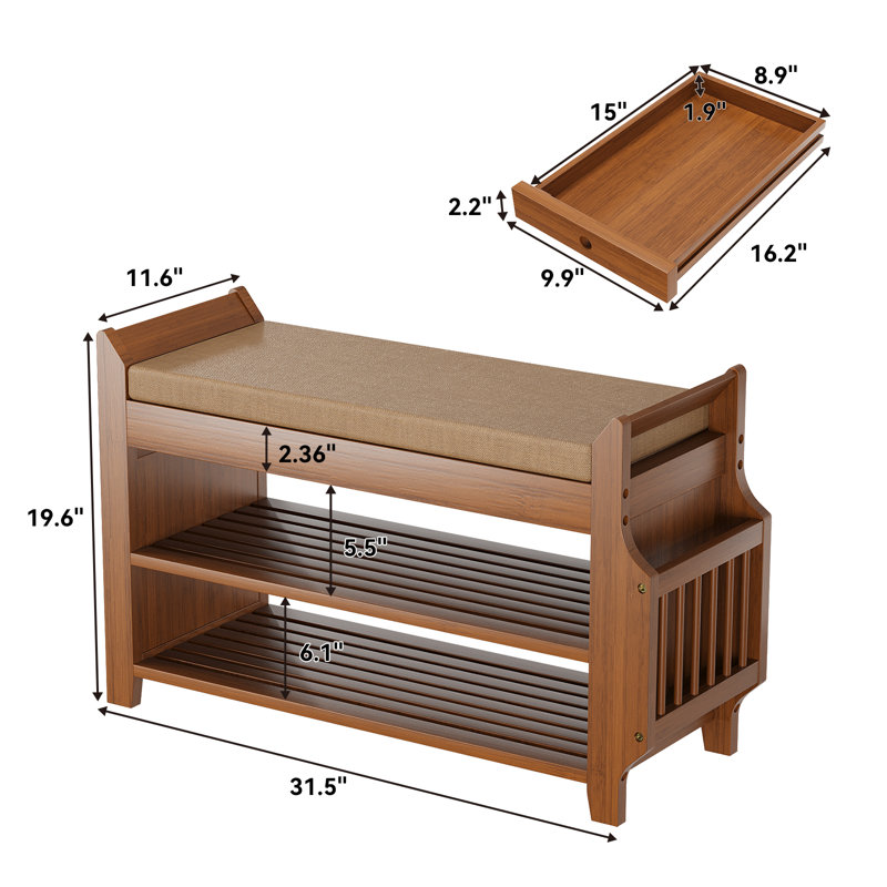 6-Pair Capacity Red-Brown Bamboo Shoe Bench with Hidden Storage