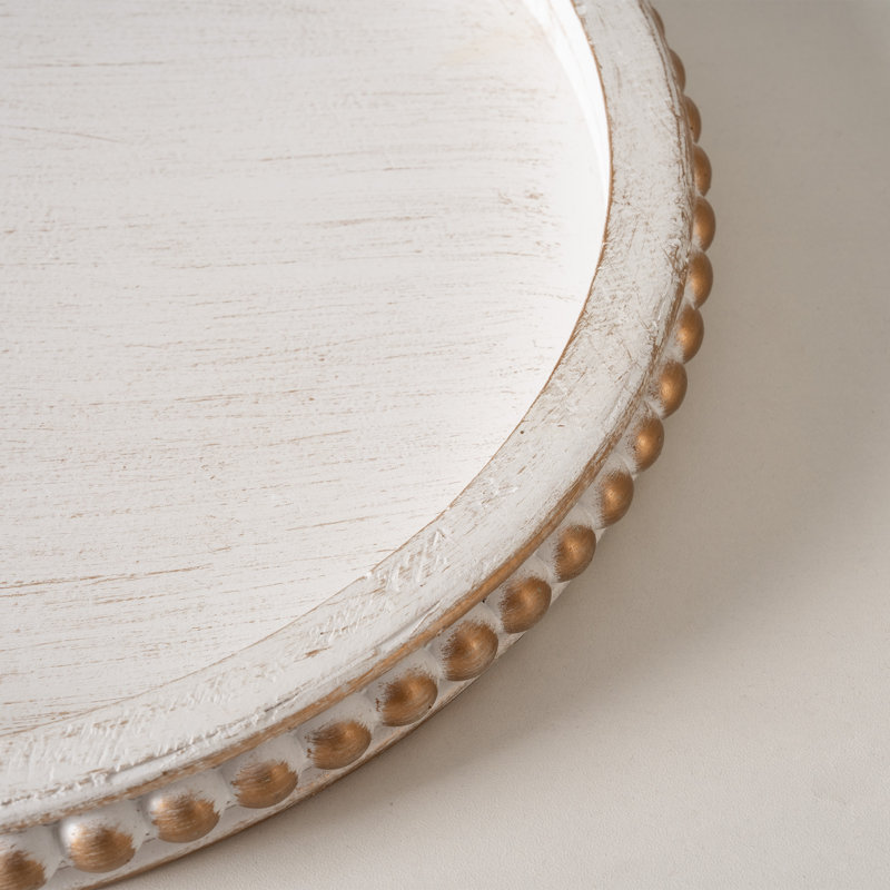 Plateau décoratif perlé rond en bois blanc