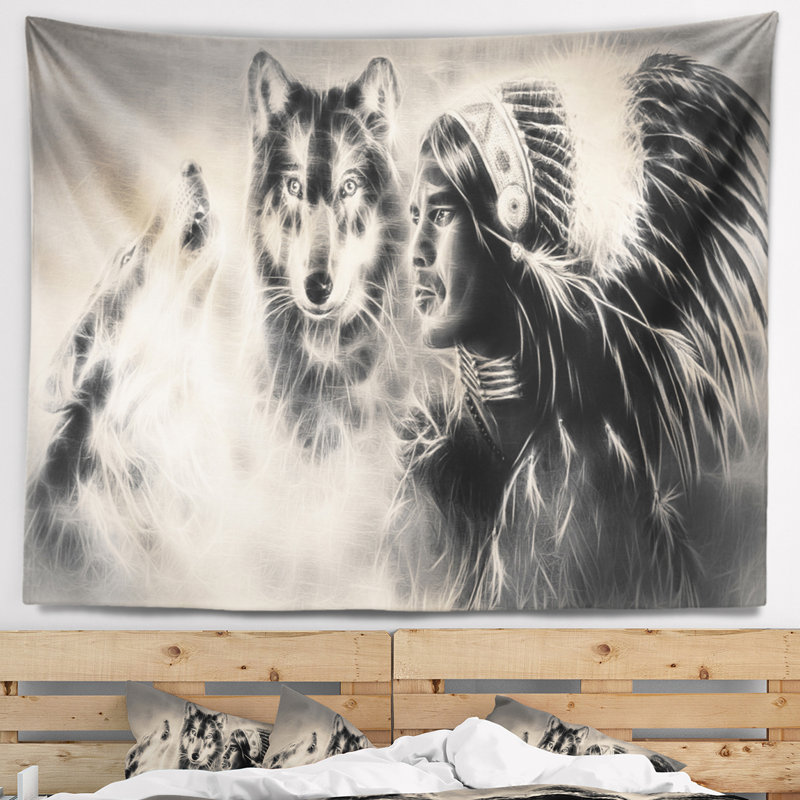 Guerrier indien abstrait avec la tapisserie des loups, H 68 po x l 80 po