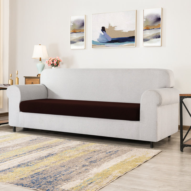 Stretch Textured Grid Box Cushion Sofa Slipcover, Chocolate
