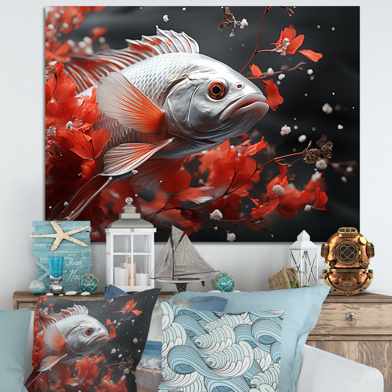 " Red And Gray Kois Fish Swimming With Serenity III ", 30" H x 40" W x 1.5" D, Wrapped Canvas