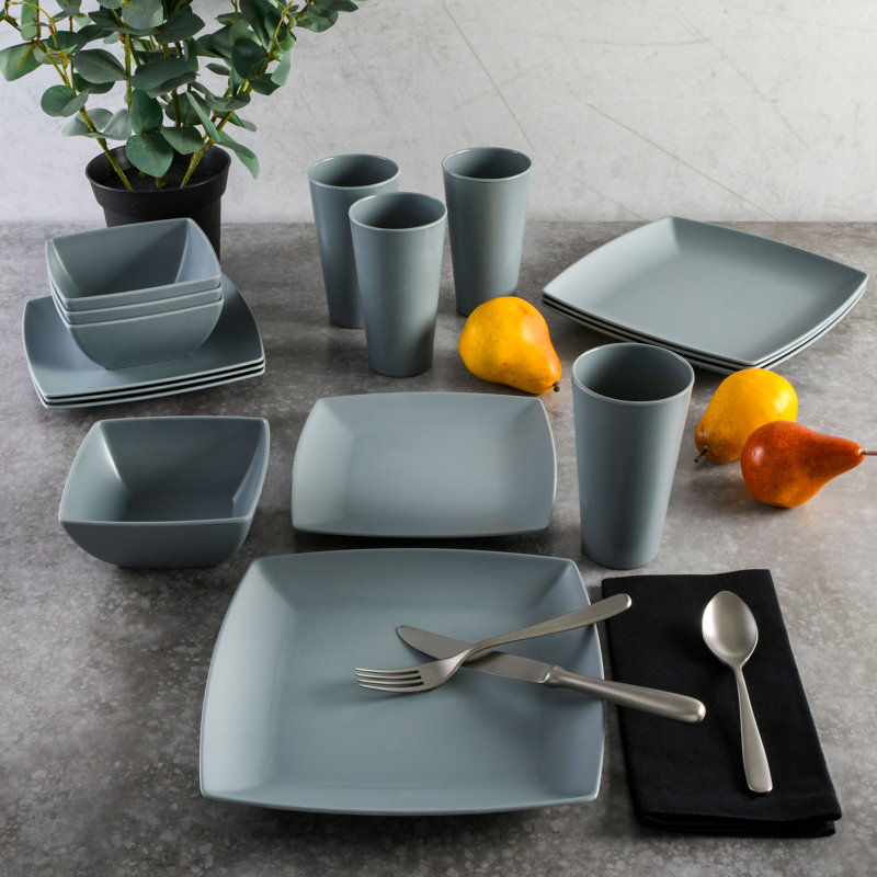 16 Piece Melamine Dinnerware Set, Service for 4, Gray