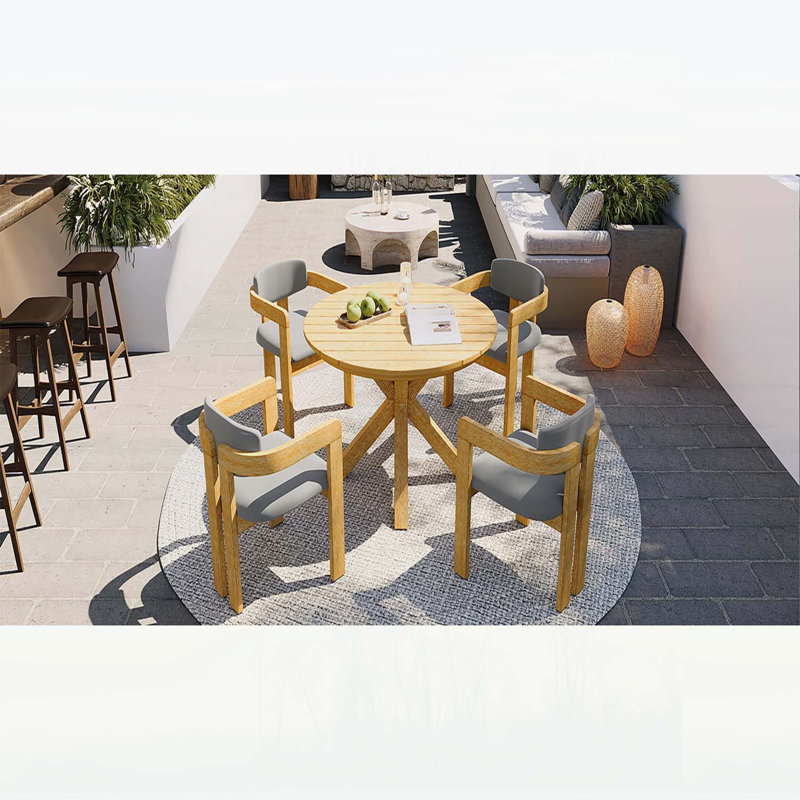 Ensemble de salle à manger 5 pièces pour l'extérieur en bois d'acacia avec chaises tonneau rembourrées, parfait pour la terrasse moderne et les rassemblements de jardin