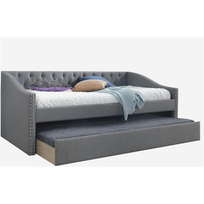 Luxueux 1pièce lit de jour moderne capitonné avec garniture cloutée avec accoudoir coulissant et gigogne pour chambre à coucher, salon, finition grise
