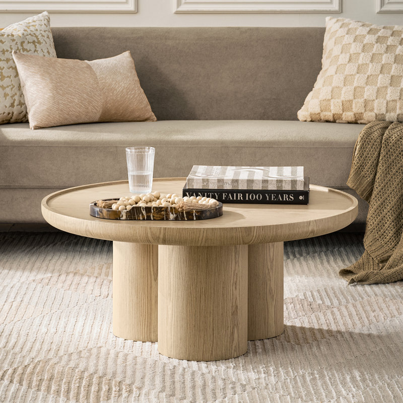 Canchola Modern 36"W Round Coffee Table with Veneer Finish and Sculptural 3-Leg Base, Oak