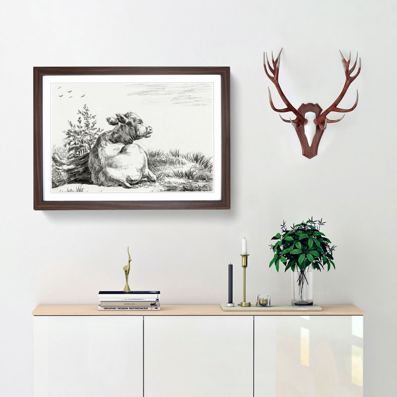 Cow at Rest by Jean Bernard - Picture Frame Drawing Print, 36cm H x 48cm W x 2cm D, Walnut Framed