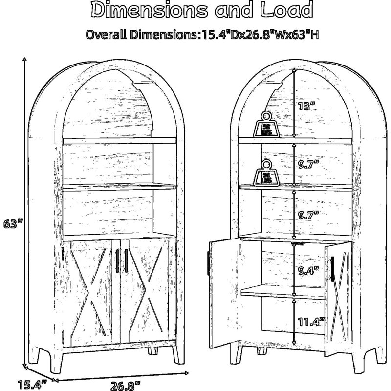 Armoire de rangement courte arquée avec portes et tablettes réglables, bibliothèque en bois à 5 niveaux pour le salon, le garde-manger et le bureau personnel