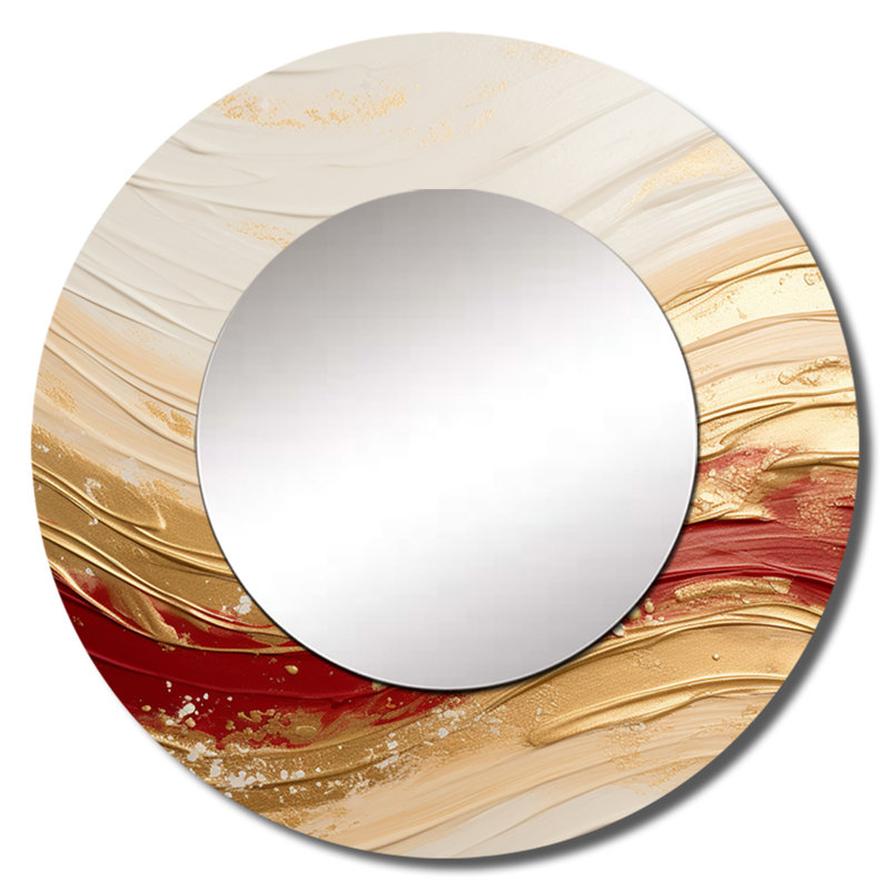 Or et rouge Soft Wave Fusion - miroir mural unique à formes abstraites, miroir rond doré, impression sur métal, 36 po x 36 po