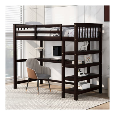 Lit mezzanine simple avec tablettes de rangement et bureau sous le lit, espresso
