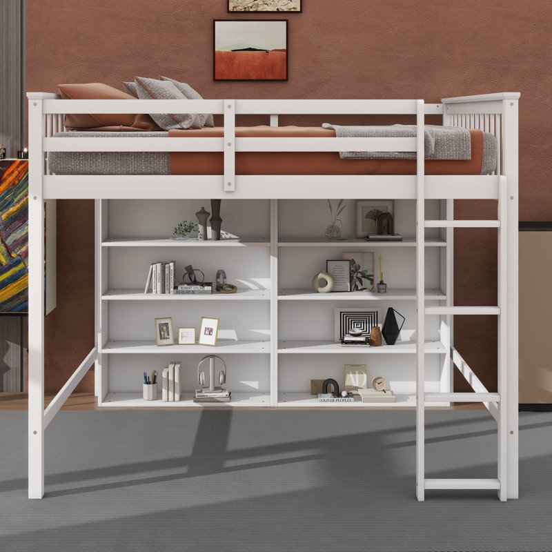 Lit mezzanine double avec 8 tablettes de rangement faciles d'accès et une échelle attachée, Blanc