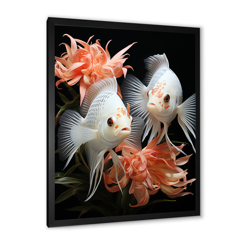 Corail classique, poisson et mouche symphonique - art mural poisson papillon, Cadre simple noir, H 44 po x l 34 po x P 1,5 po