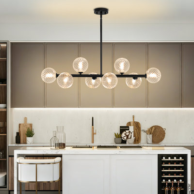 8-Light Black Sputnik Chandelier With Striped Clear Glass Shades For Dining Room