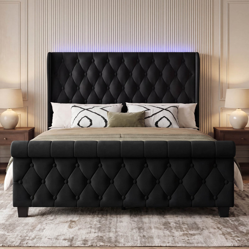 Structure de lit plateforme moderne en velours, support de lattes en bois massif, aucun sommier requis, Queen, Black 