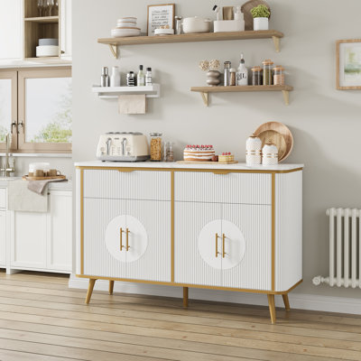 47.2" W Fluted Buffet Cabinet, Sideboard With 2 Drawers & 4 Fluted Doors, Storage Cabinet With Adjustable Shelves, Modern Coffee Bar Table For Living Room, Dinning Room, White