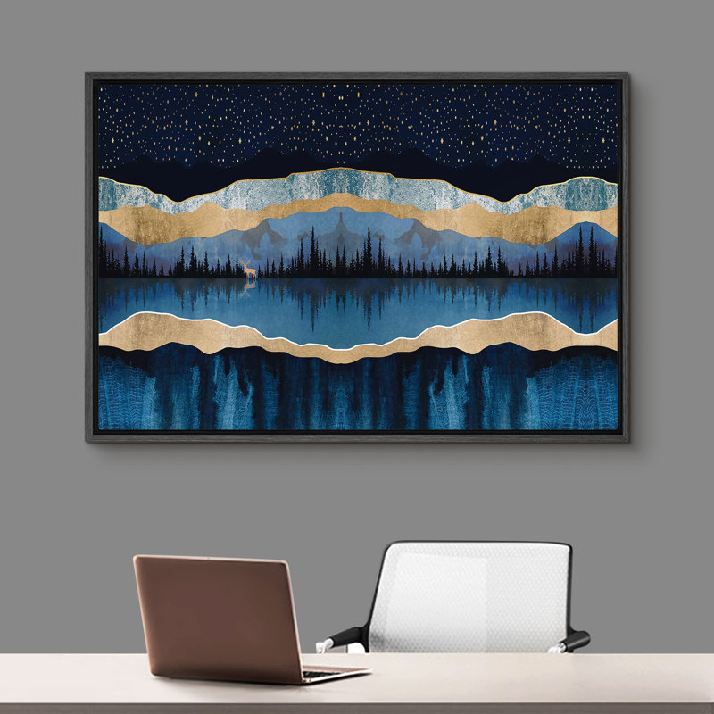 «Woodland Blue Marble Mountains And Forest Reflection Abstract Wilderness Modern Art Rustic Scenic» sur toile, Noir