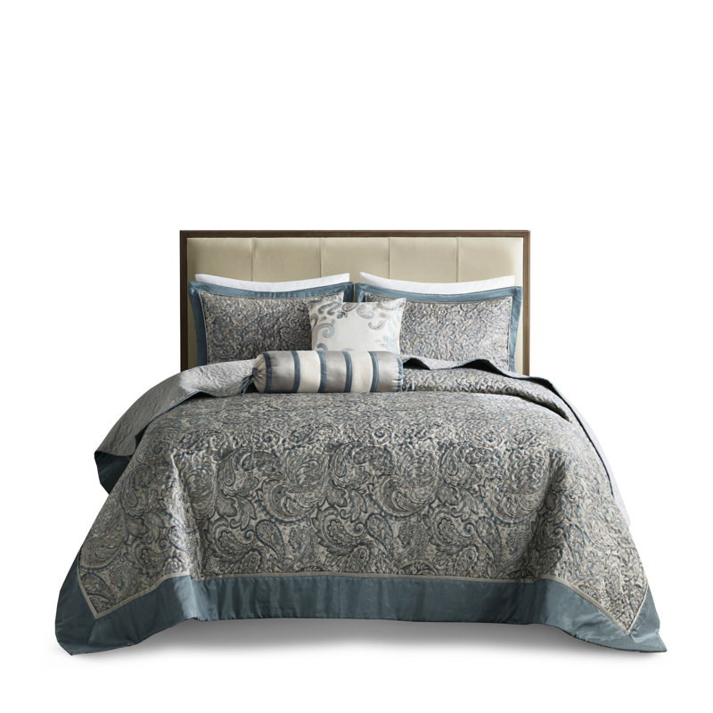 Couvre-lit 5 pièces pour grand lit - sarcelle avec coussins 100% coton, rembourrage en microfibre de coton, bordure grise séduisante