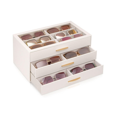 Sunglasses Organizer with Enlarged Compartment, 18 Slots 3-Layer Eyewear Storage Box Women’s Glasses Case Display Holder with Clear Top Lid for Eyeglass Collection