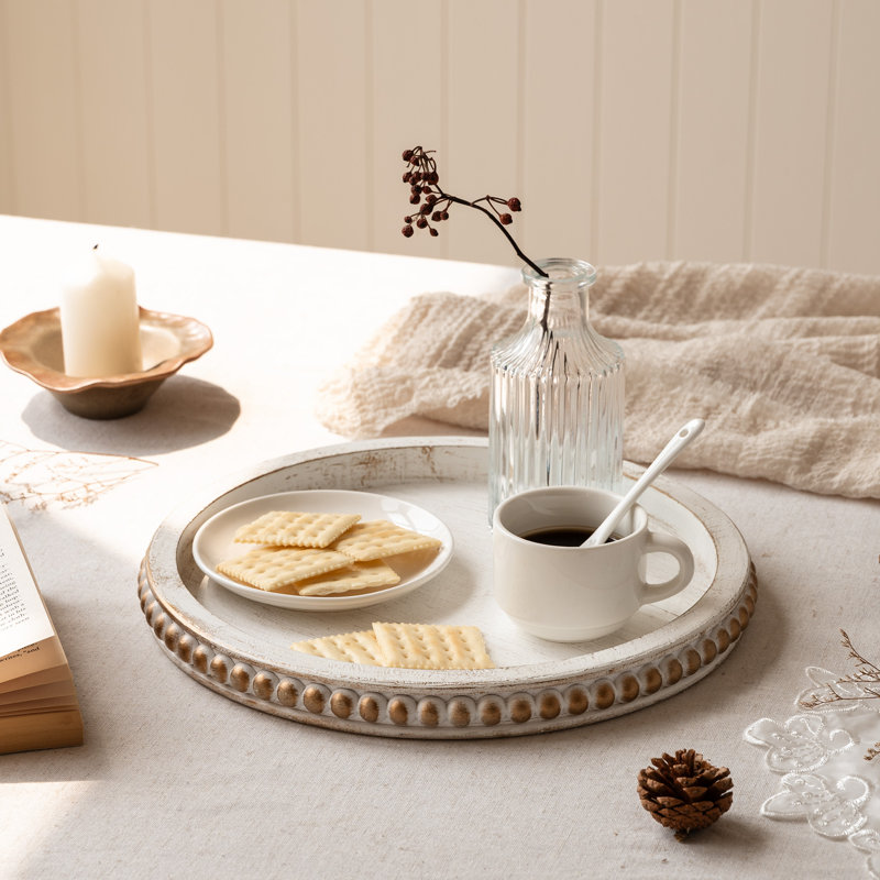 Plateau décoratif perlé rond en bois blanc