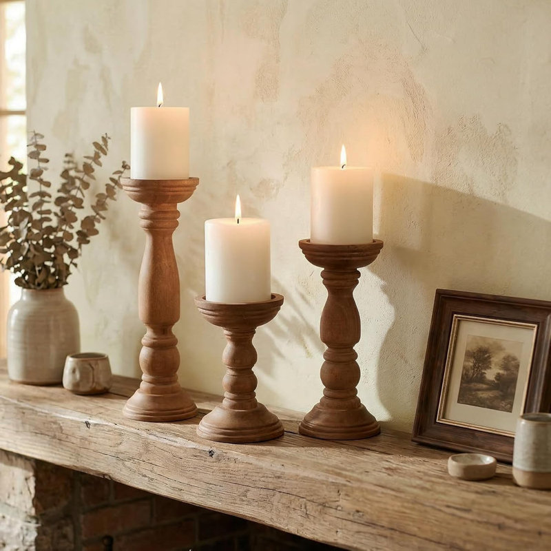 Ensemble de 3 bougeoirs en bois Farmhouse