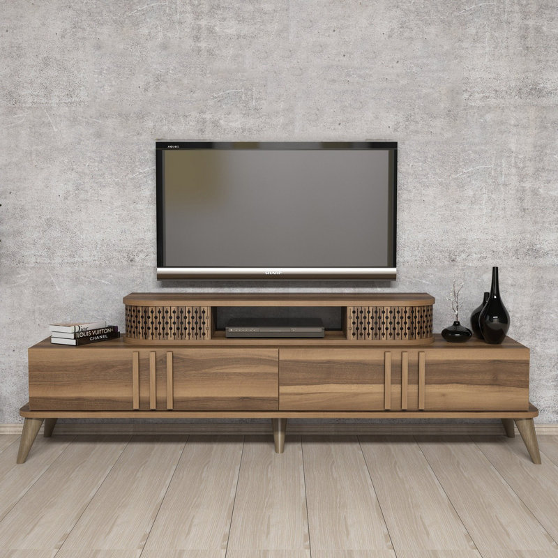 Meuble télé moderne en noyer de 66,1 po x 15,4 po x 15,0 po | 100% panneau de particules enduit de mélamine, épaisseur: 0,7 pouce | Conception géométrique, solution de rangement élégante et fonctionnelle pour le salon et les espaces de divertissement