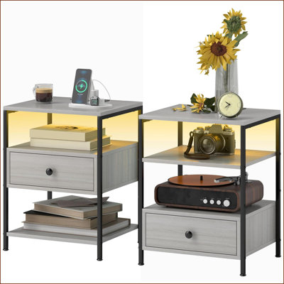 Ensemble de 2 tables basses modernes gris avec station de charge et éclairage ambiant pour le salon