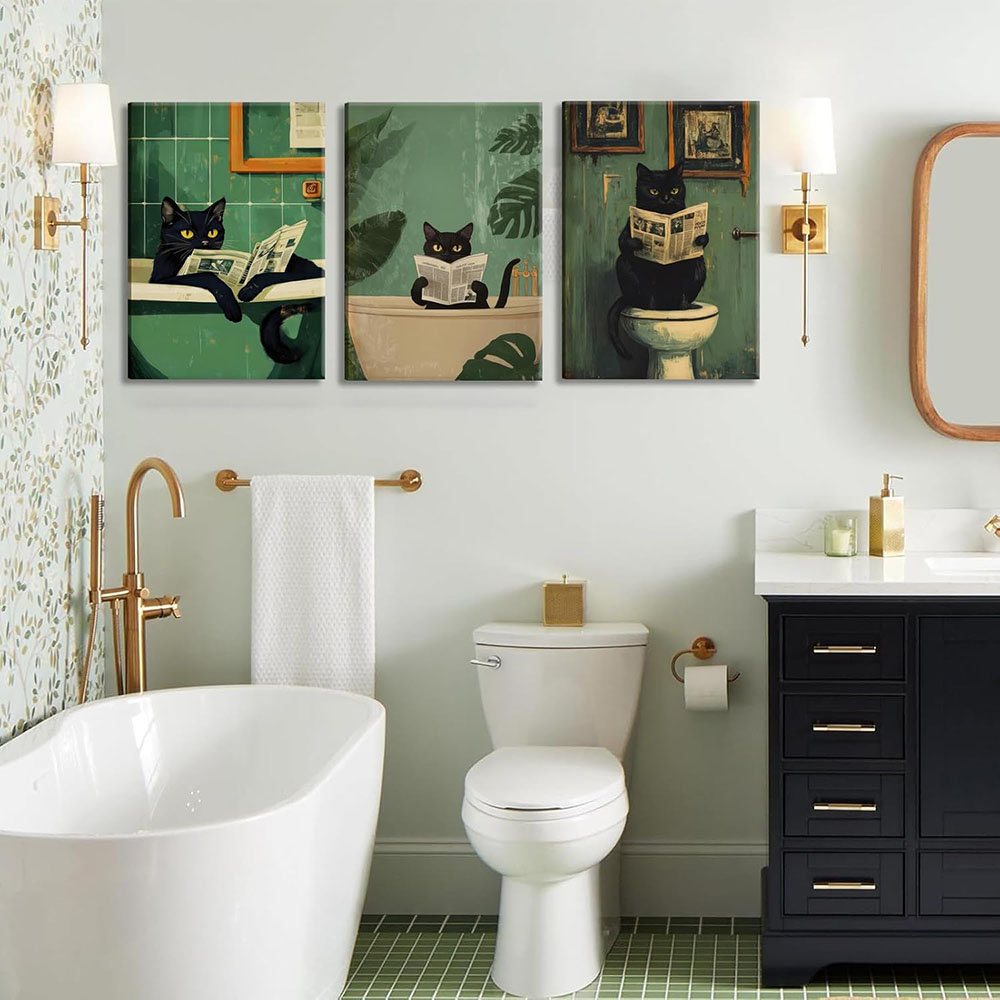 Black Cat Bathroom Canvas Wall Art,Cute Cat Reading Newspaper Funny Bathroom Poster Prints,Green Toilet Art Vintage Painting Artwork For Washroom Aest