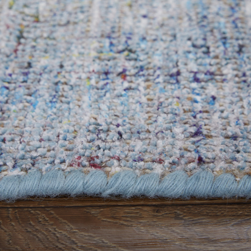 Tapis en laine noué à la main beige / viscose / gris clair / bleu classique Auni, Rectangle 10 pi x 14 pi
