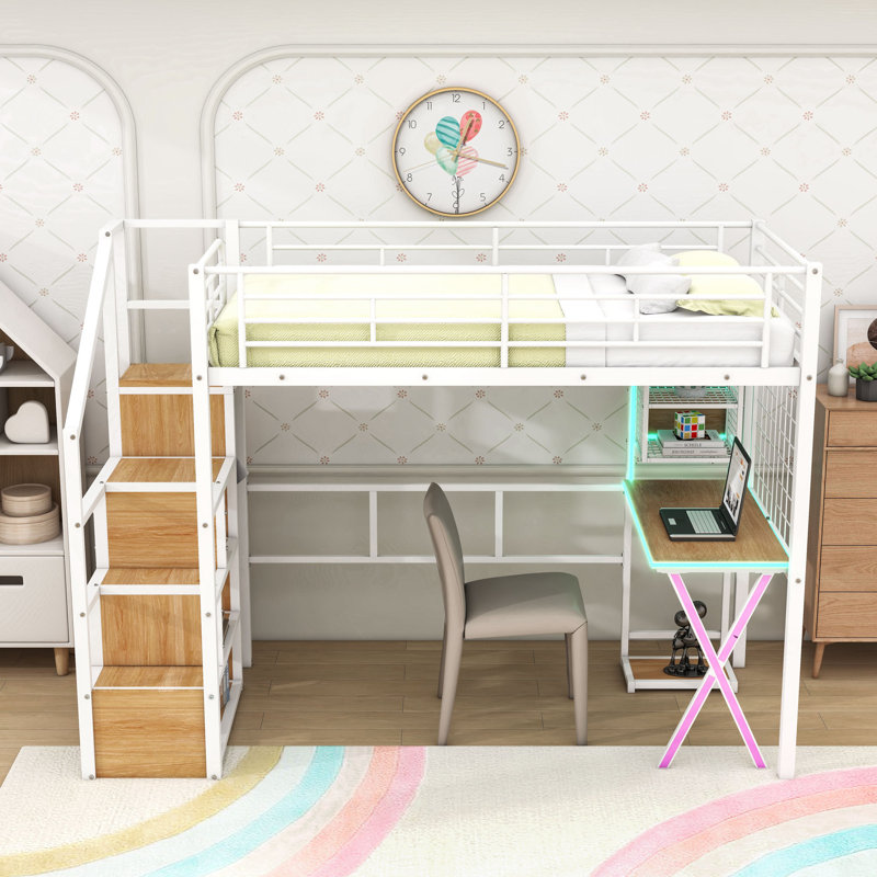 Lit mezzanine en métal avec poste de travail, garde-robe, escalier de rangement et DEL, Simple
