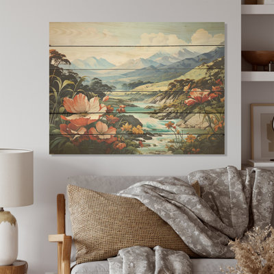 Beautiful River And Mountain Landscape - Flowers Wood Wall Art On Natural Pine Wood