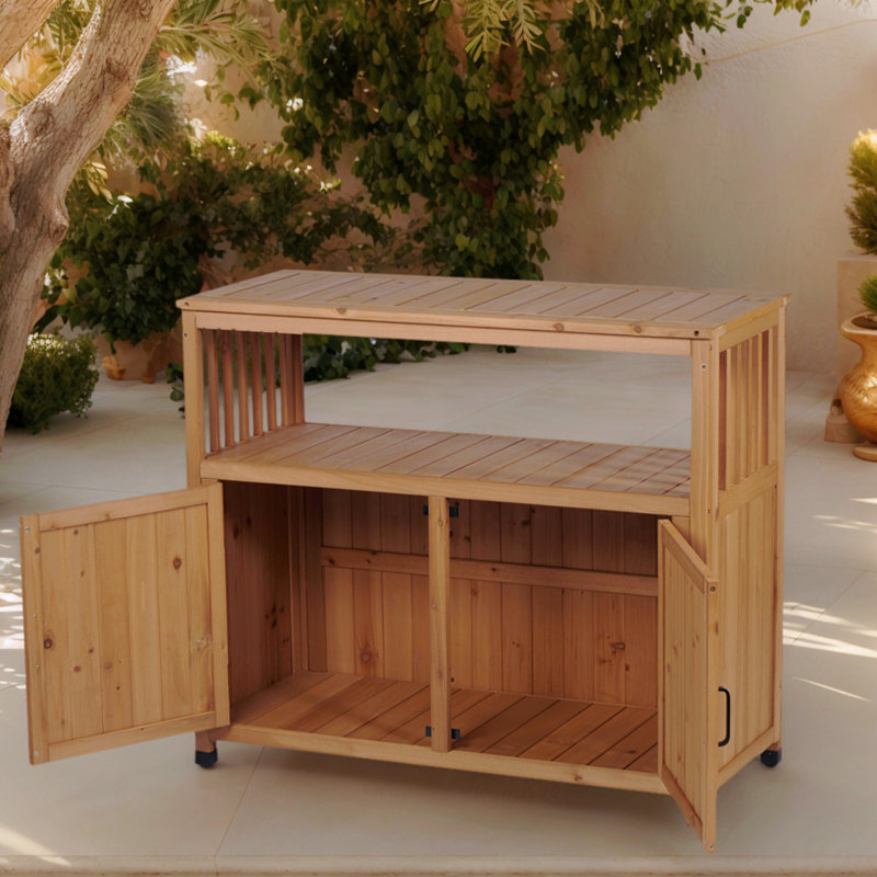 Solid Wood Patio Bar Table with Storage, Barn Door Buffet Cabinet for Indoor/Outdoor Use