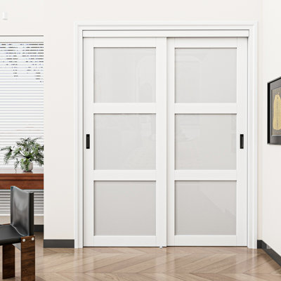 80"H 3-Lite Frosted Tempered Glass Sliding Closet Door with Hardware Kit & Handles