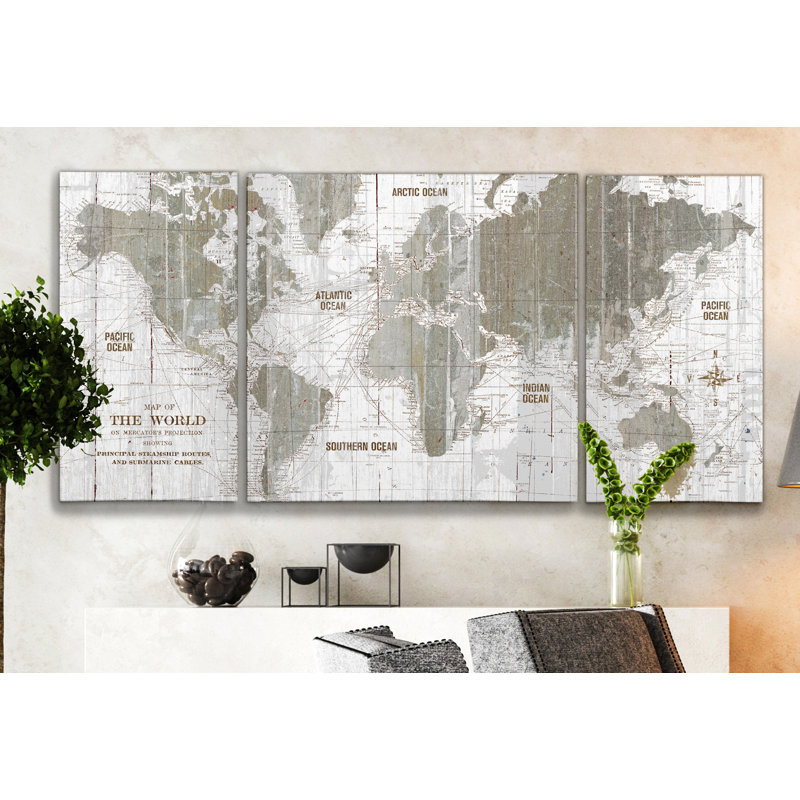 Clyatt Old World Map - 3 pièces, impression sur toile, H 32 po x l 64 po x P 1,5 po