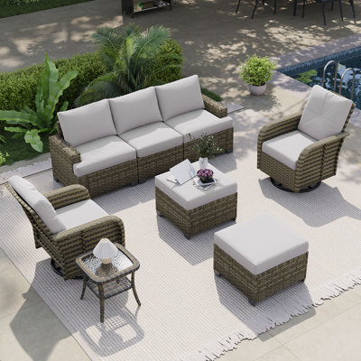 Ensemble de patio 8 pièces en résine tressée PE avec chaises pivotantes et coussins gris de 10 cm