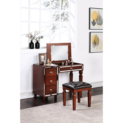 Meuble-lavabo formel pour chambre à coucher - coloration cerise, tabouret avec siège, rangement, placage de peuplier, bois d'hévéa
