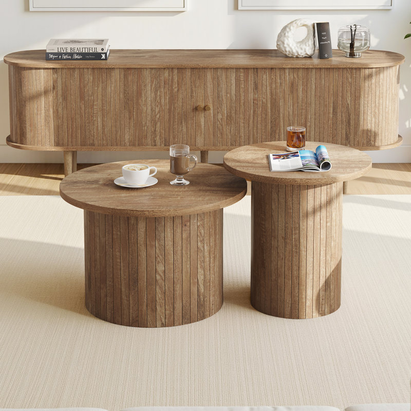 3-piece Mid Century Modern Living Room Table Set, Oak Wood