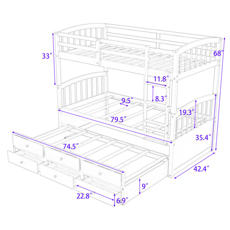 Ehrfried Kids Twin Over Twin Bunk Bed with Trundle with Drawers, White