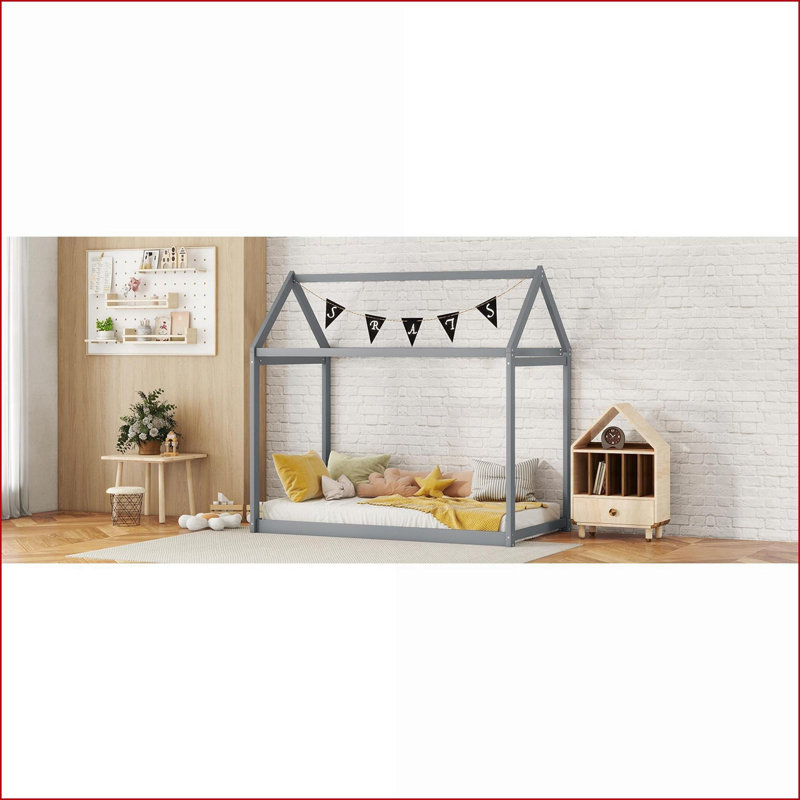 Twin Size Pine Wood &amp; MDF Platform Bed Frame, No Box Spring Needed, Grey House-Shape for Small Bedrooms, Grey