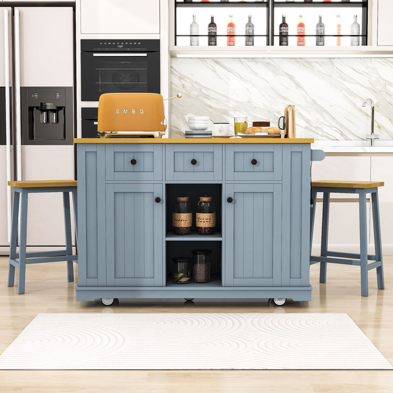 Chiyeko 3-Piece Kitchen Island Set with Storage Shelves, Built-in Charging Station and Bar Stools, Gray/Blue