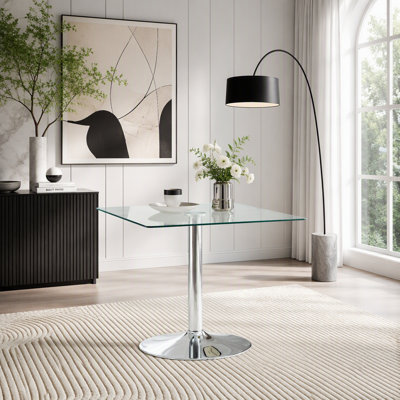 Table de salle à manger 38,5 "carrée en verre avec base à colonne unique