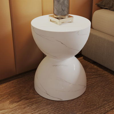 Kendrall 16" Fiberstone Round Side Table with Hourglass Design – Indoor Outdoor Accent End Table for Patio, Living Room, or Bedroom