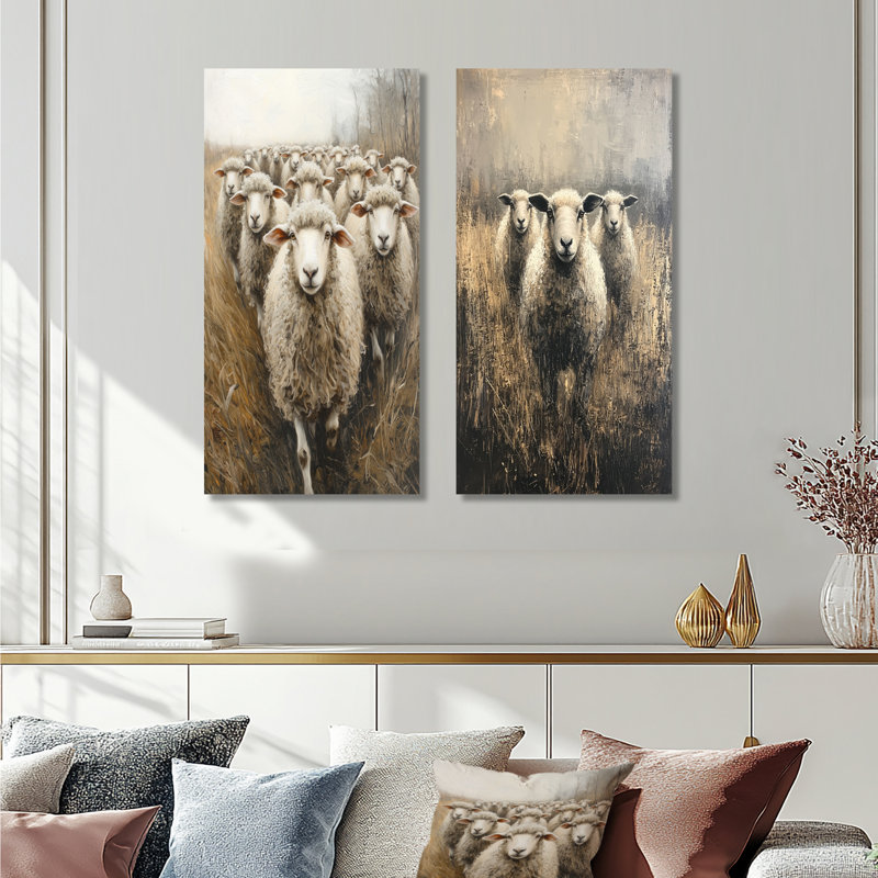 Minimalisme moutons Woolly Wanderers I - animaux, collection d'art mural 2 panneaux, H 28 po x l 25 po, Toile tendue