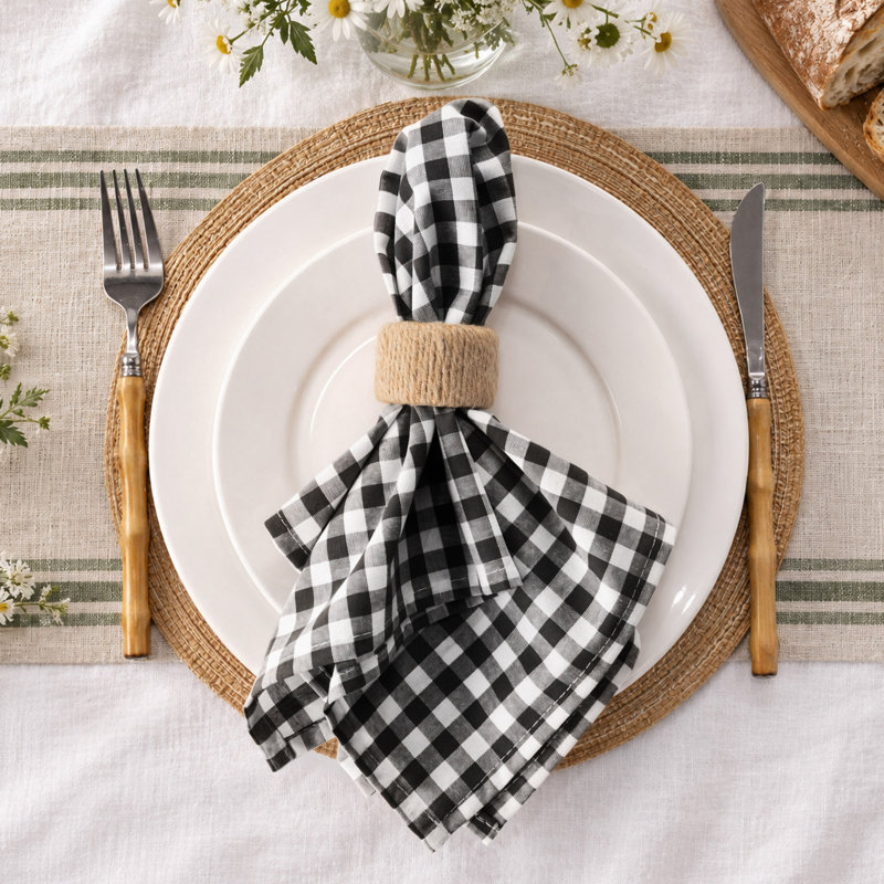 Serviette de table 100 % coton teint en fil, motif vichy, 45,7 cm x 45,7 cm, Noir