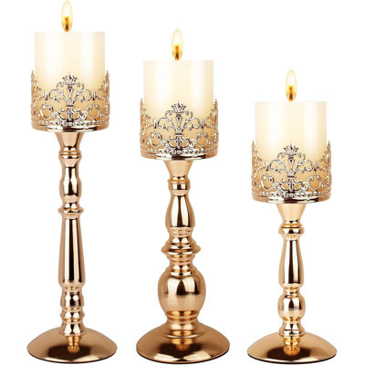 Vintage Iron Candle Holders Set Of 3 - Decorative Gothic Crown Design For Pillar Candles, Elegant Table Centerpiece For Home, Wedding, And Holiday Decor
